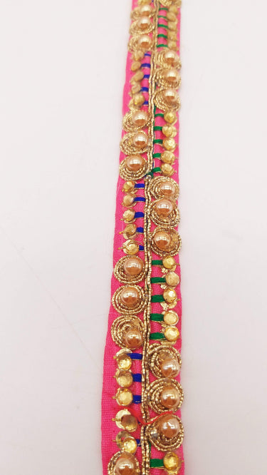 Cerise Pink Fabric Embroidered Trim with Gold Beads, Decorative Sari Trim, Trim By 3 Yards
